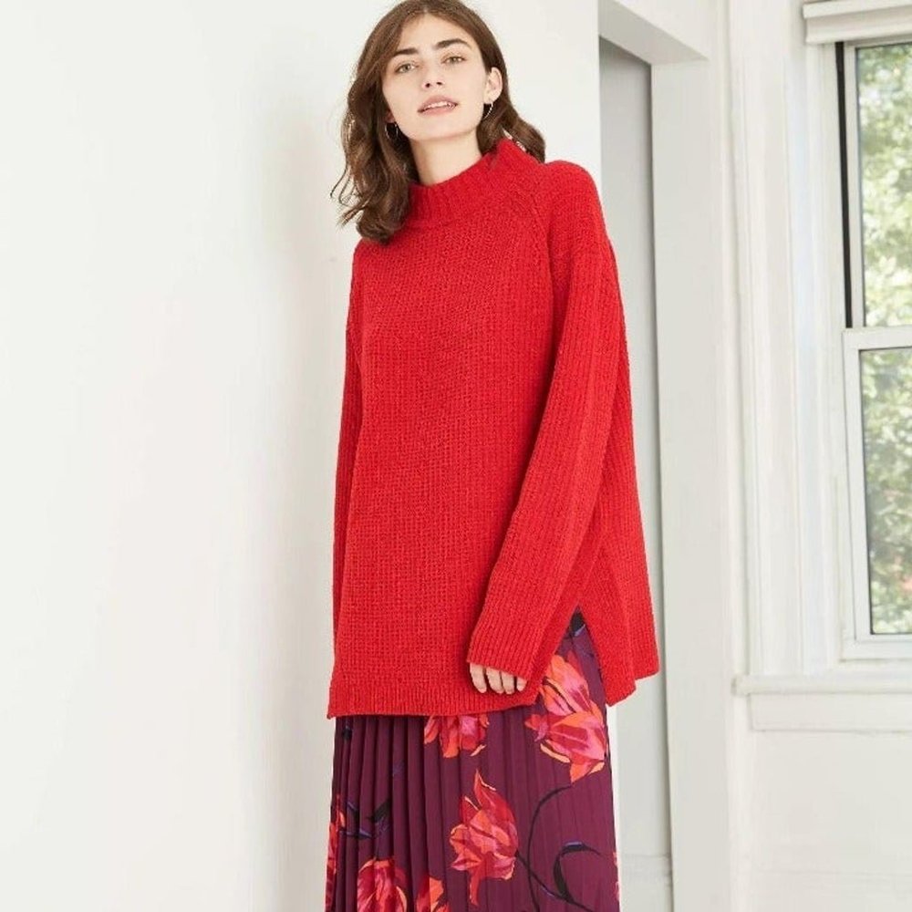 WOMEN'S MOCK TURTLE NECK TUNIC PULLOVER SWEATER- A NEW DAY RED L- NEW W/TAGS